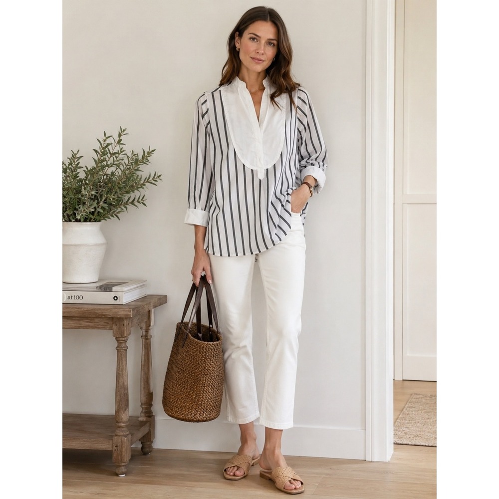 Ann Mashburn Popover Shirt Women M Striped Bib Front Band Collar Cotton Tunic